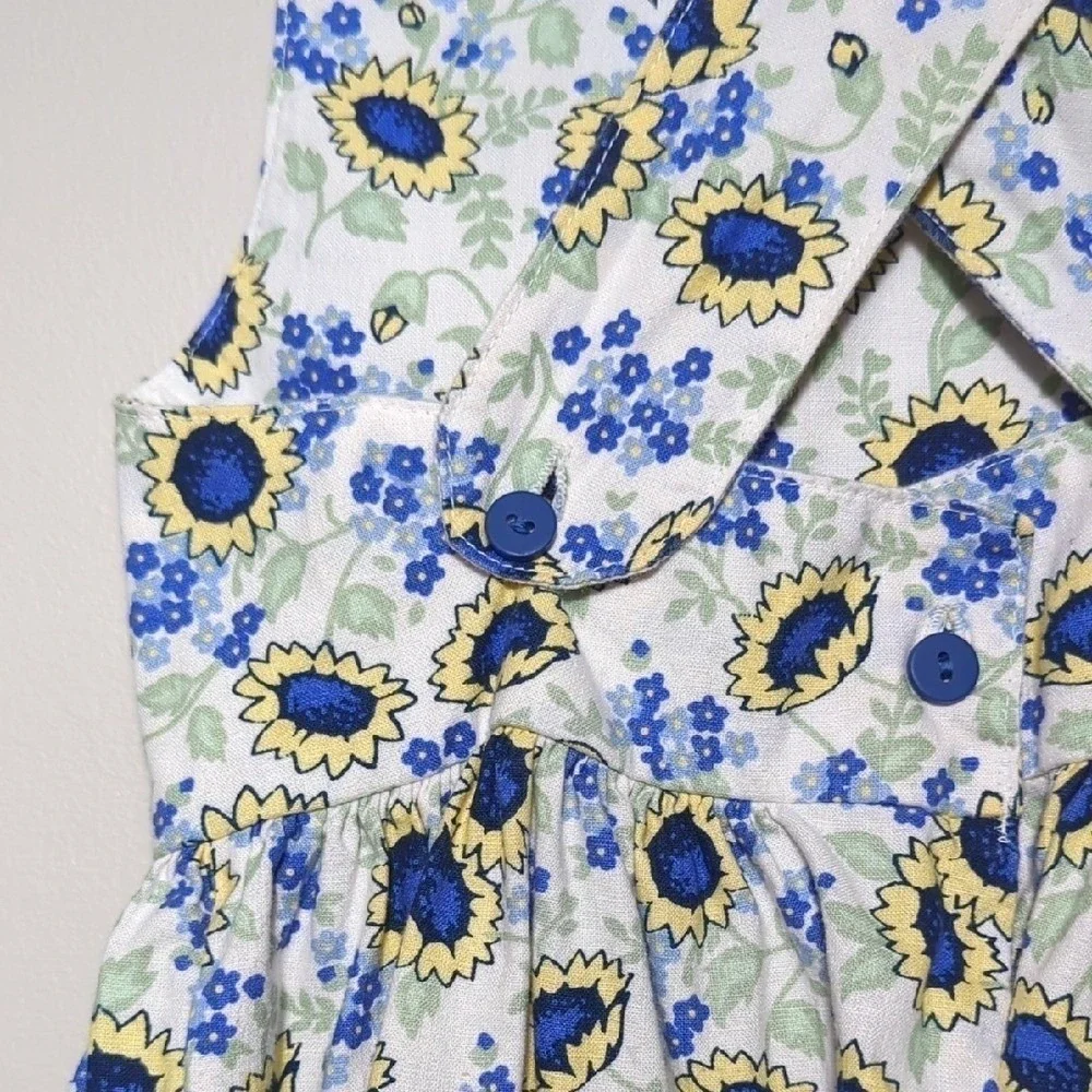 Vtg 90s OshKosh Girls 4T Blue Yellow Sunflower Cotton‎ Dress Jumper HTF! RARE!